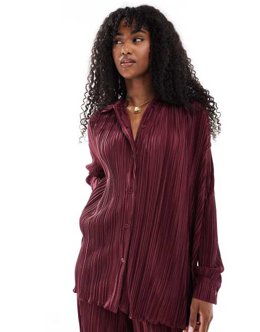 4th & Reckless plisse collared button through lettuce edge hem shirt in burgundy (part of a set)