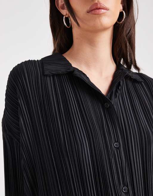 4th & Reckless plisse collared button up lettuce edge hem shirt in black - part of a set, 3 of 4