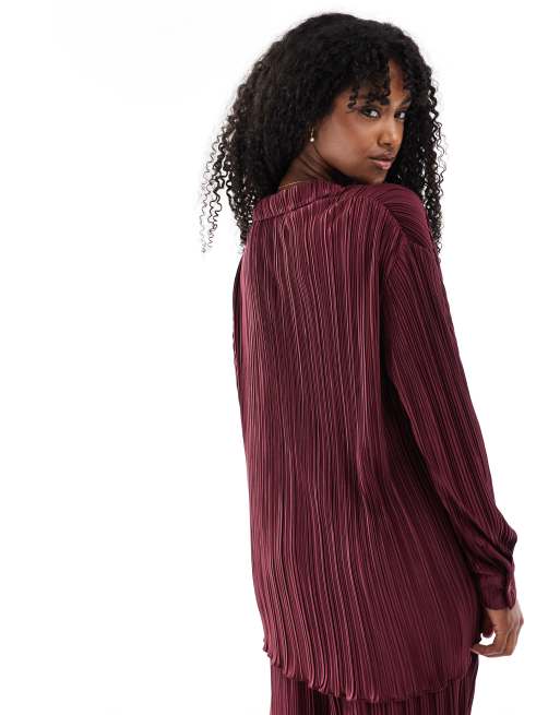 4th & Reckless plisse collared button up lettuce edge hem shirt in burgundy - part of a set, 2 of 4