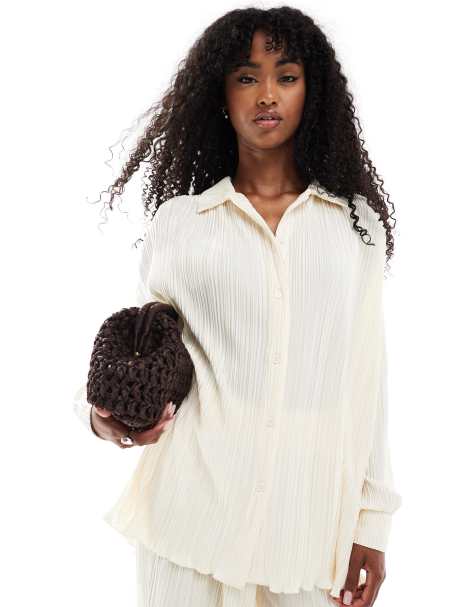 4th & Reckless plisse collared button up lettuce edge hem shirt in cream - part of a set - view 1