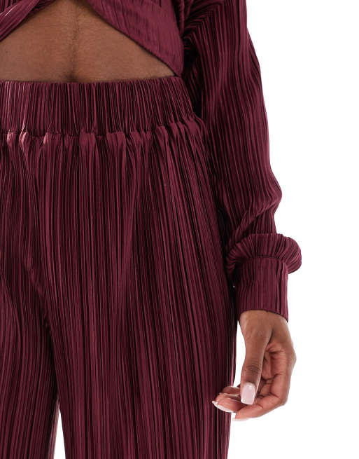 4th & Reckless plisse elasticated waist wide leg pants in burgundy (part of a set), 3 of 5