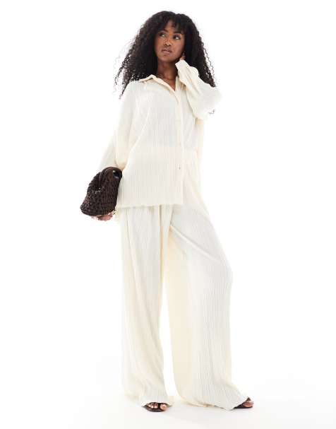 4th & Reckless plisse elasticated waist wide leg pants in cream (part of a set) - view 1