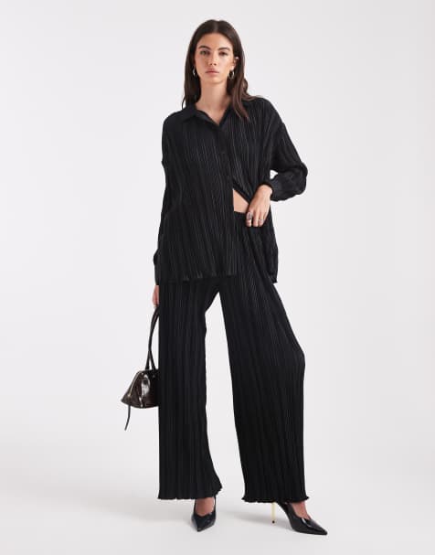 4th & Reckless plisse elasticated waist wide leg trousers co-ord in black - view 1