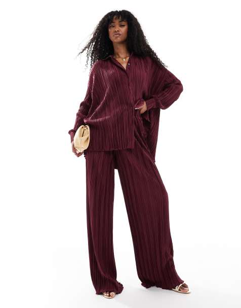 4th & Reckless plisse elasticated waist wide leg trousers co-ord in burgundy - view 1