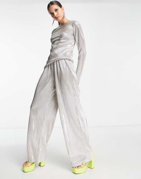 4th & Reckless plisse flared trousers co-ord in metallic plisse