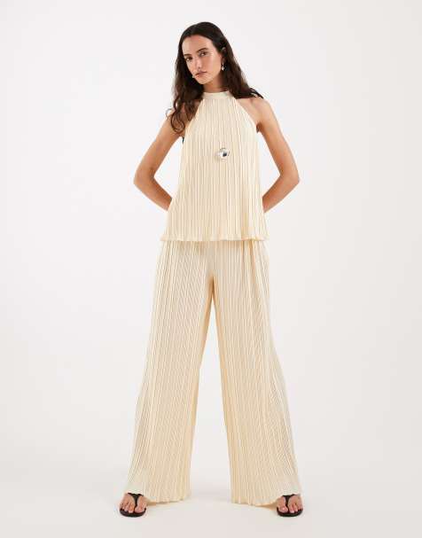 4th & Reckless plisse halterneck sleeveless top and wide leg trousers co-ord in lemon - view 1