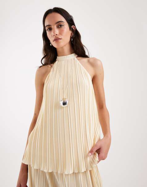 4th & Reckless plisse halterneck sleeveless top co-ord in lemon - view 1