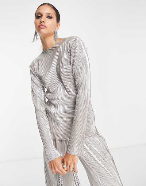 4th & Reckless - Plissé top van corduroy met hoge hals en lange mouwen in metallic - view 1