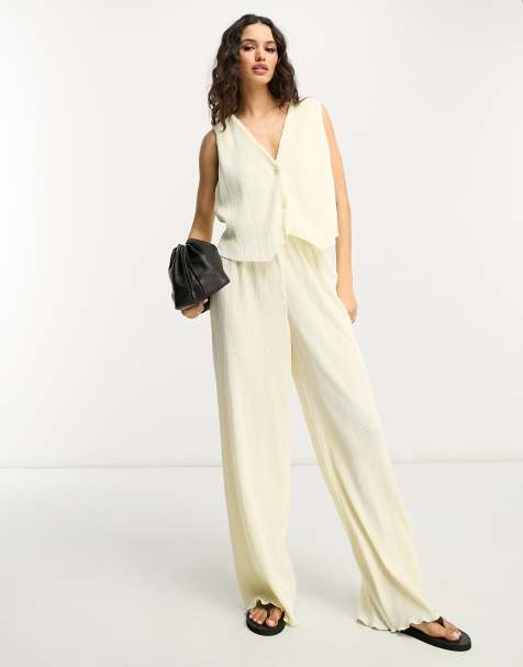 4th & Reckless plisse wide leg trouser co-ord in cream