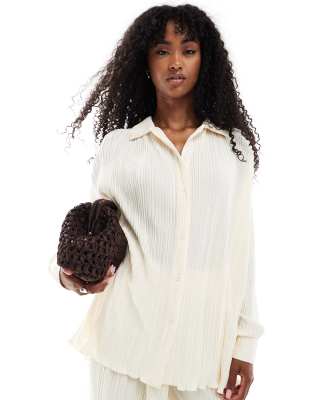4th & Reckless - Plissee-Hemdbluse in Creme mit Kragen, Knopfleiste und Kräuselsaum, Kombiteil-Weiß
