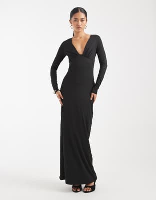 4th & Reckless plunge neck long sleeve dropped waist maxi dress in black