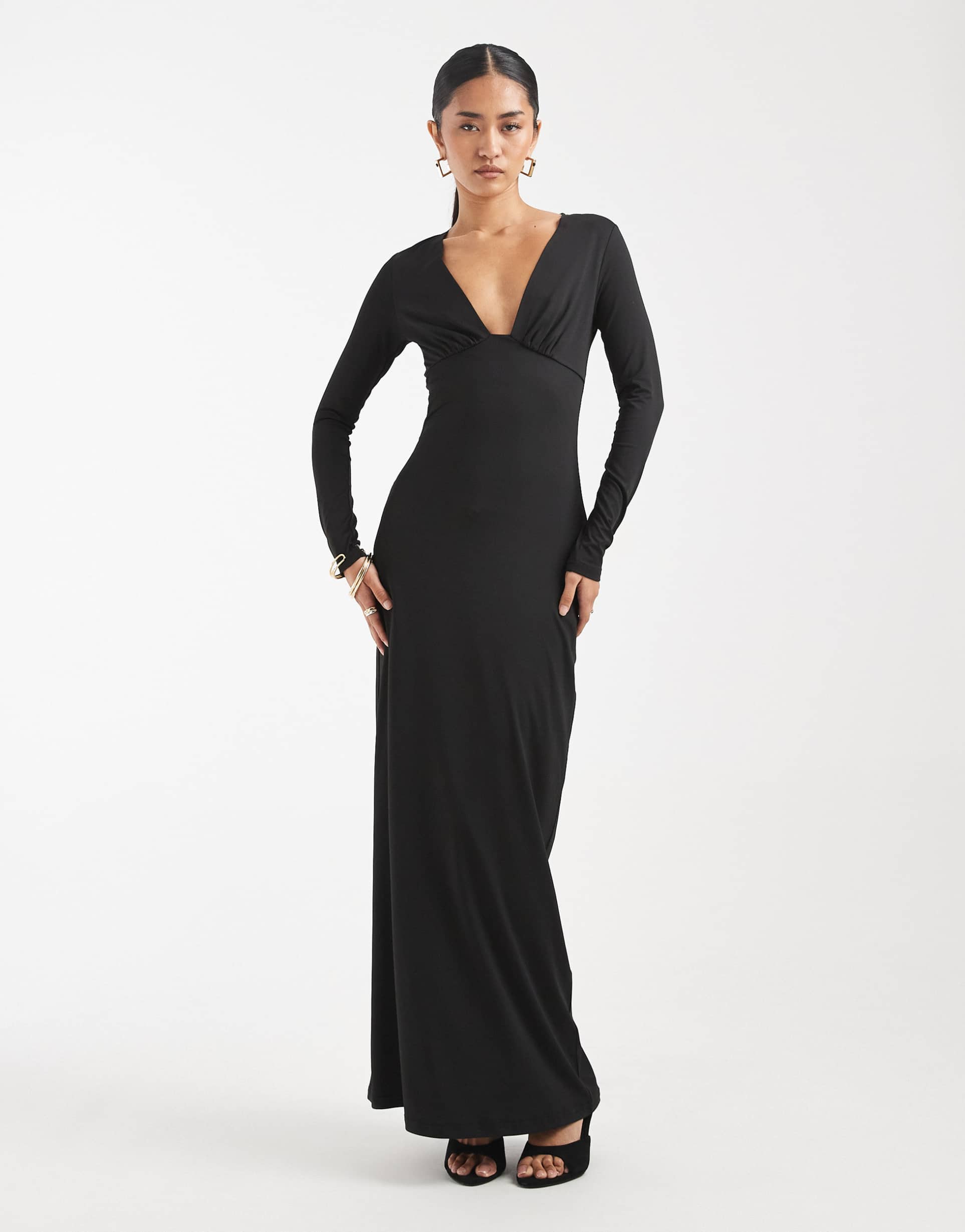 4th & reckless plunge neck long sleeve dropped waist maxi dress in black