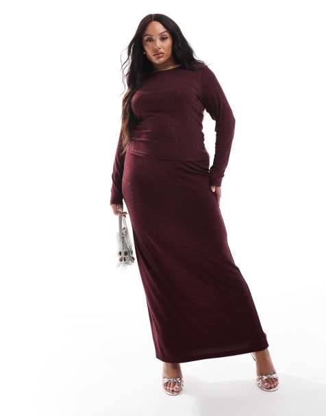 4th & Reckless Plus all over hotfix long sleeve top and maxi skirt set in burgundy - view 1