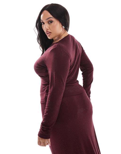 4th & Reckless Plus all over hotfix long sleeve top in burgundy - part of a  set