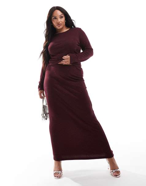 4th & Reckless Plus all over hotfix maxi skirt co-ord in burgundy - view 1