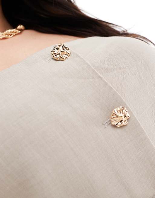 4th & Reckless Plus bandeau gold button detail top in beige, 3 of 4