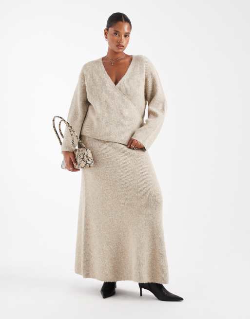 4th & Reckless Plus – Beige, mjuk, stickad kofta med omlottdesign med knytning i ylletyg, del av set, 2 av 4