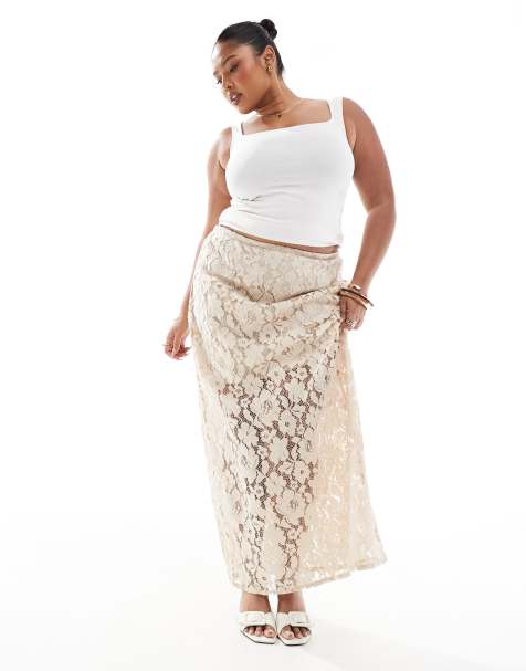 4th & Reckless Plus floral lace sheer hem maxi skirt in beige