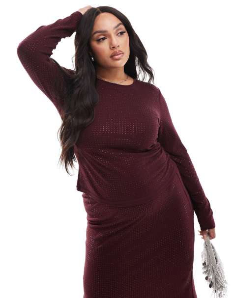 4th & Reckless Plus all over hotfix long sleeve top co-ord in burgundy