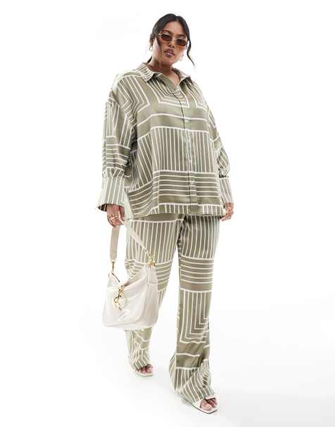 4th & Reckless - Plus - Co-ord set van satijnen overhemd en broek met print in groen - view 1