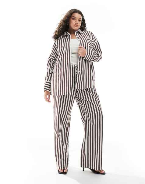 4th + Reckless Plus - Coordinato in cotone marrone a righe con camicia oversize con tasca e pantaloni con fondo ampio - view 1