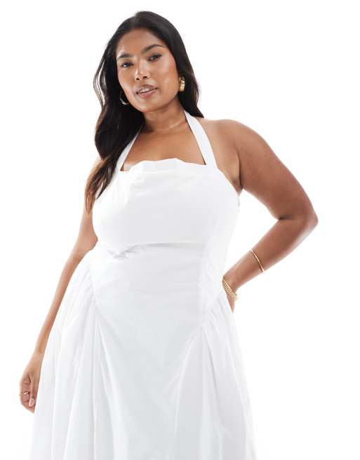 4th & Reckless Plus cotton square halterneck hip pleat detail maxi dress in white