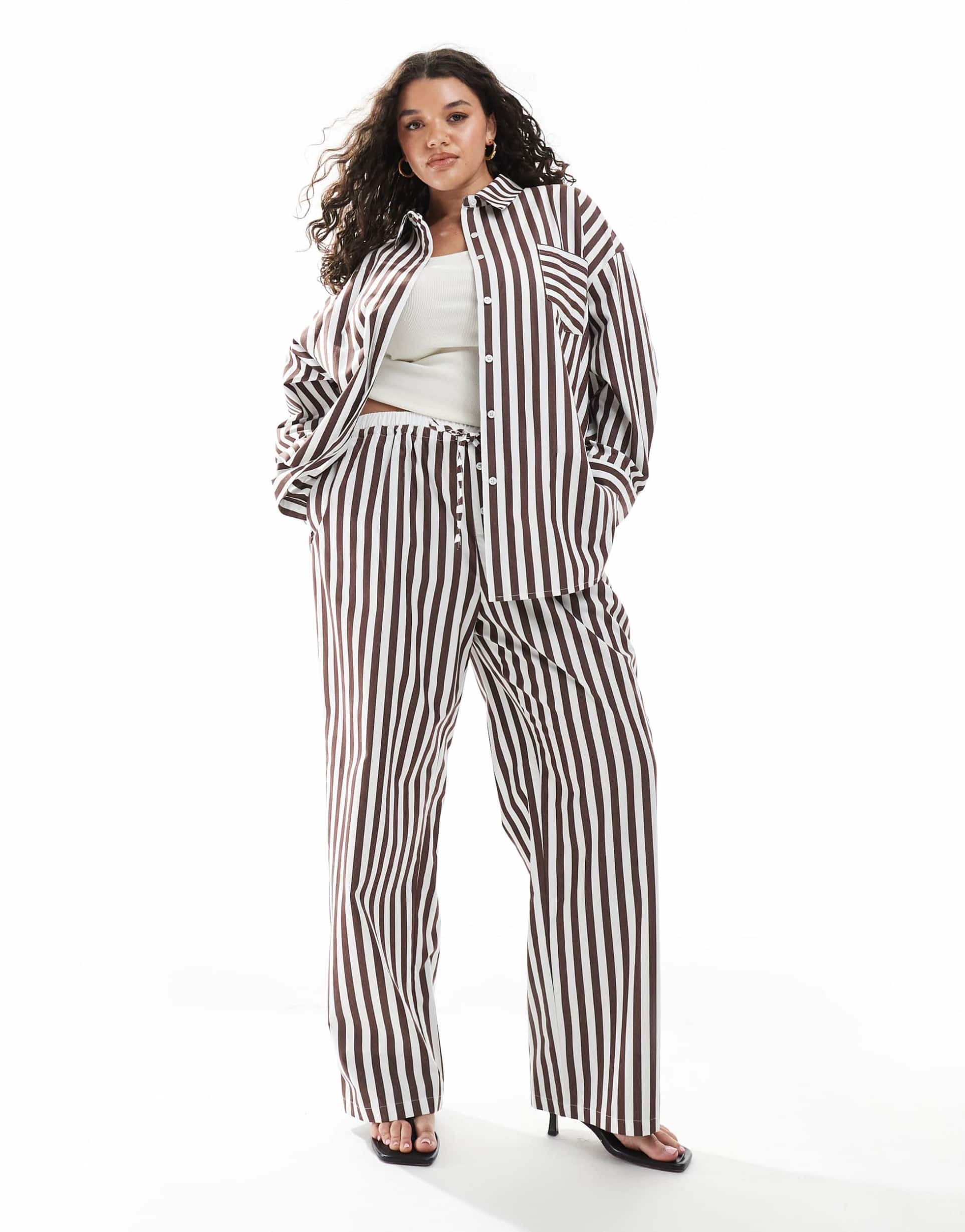 4th & reckless plus cotton wide leg boxer detail tie waist pants in brown stripe - part of a set