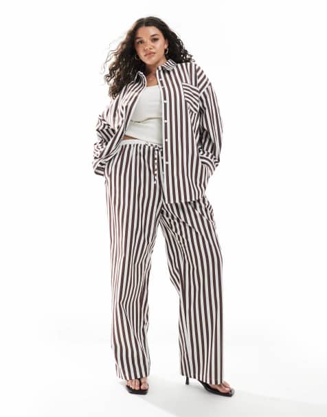 4th & Reckless Plus cotton wide leg boxer detail tie waist trouser co-ord in brown stripe