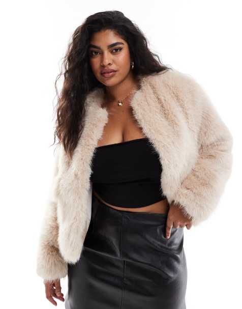 4th & Reckless Plus cropped faux fur pocket detail jacket in beige - view 1