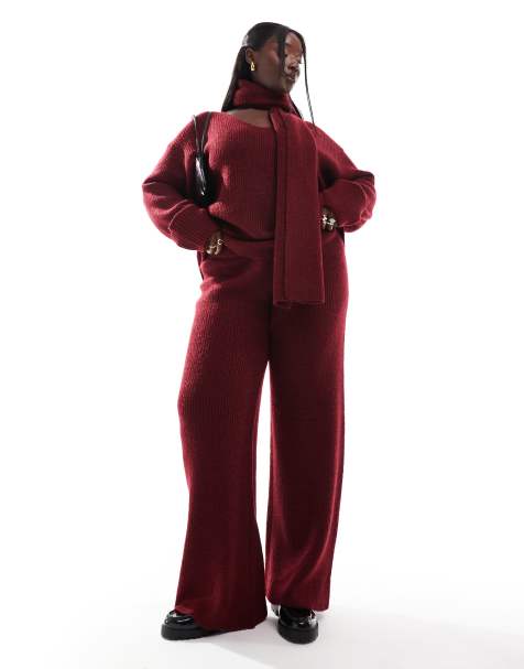 4th & Reckless Plus deep cuff v neck scarf detail jumper and wide leg trousers co-ord in burgundy - view 1