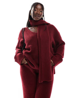 4th & Reckless Plus 4th & Reckless Plus deep cuff v neck scarf detail jumper co-ord in burgundy-Red