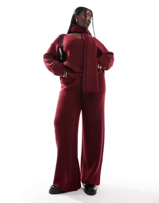 4th & Reckless Plus deep cuff v neck scarf detail sweater and wide leg pants set in burgundy