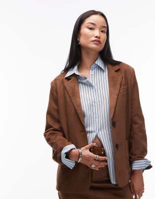 4th & Reckless Plus - Eleganter Blazer aus Wildlederimitat in Kamelbraun mit Taschen vorn, Kombiteil-Brown