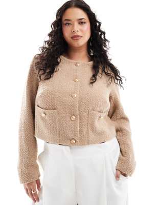 exclusive boucle gold button through cropped jacket in camel-Neutral