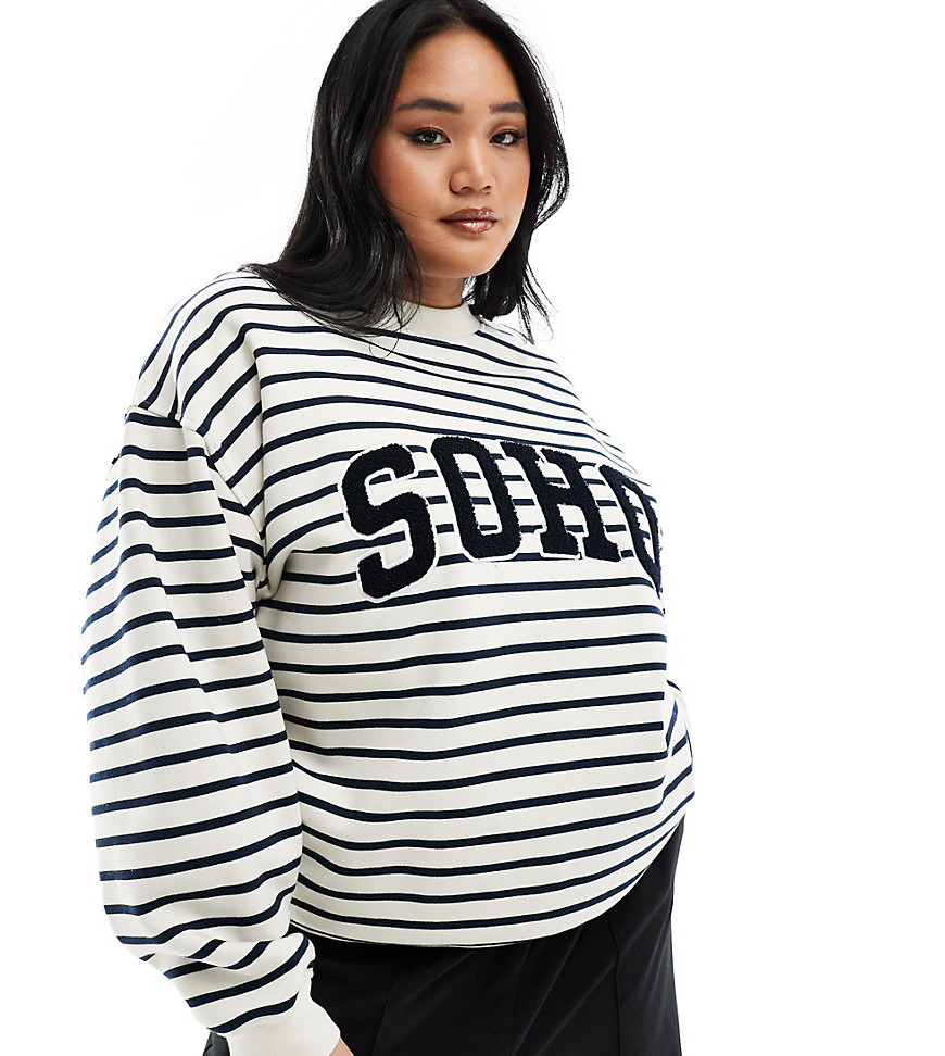 4th & Reckless Plus exclusive boucle Soho logo sweatshirt in cream and navy stripe-Multi