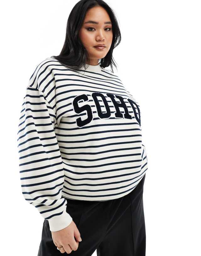 4th & Reckless Plus - exclusive boucle soho logo sweatshirt in cream and navy stripe