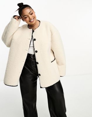 4th & Reckless Plus exclusive button detail faux shearling jacket in cream - ASOS Price Checker