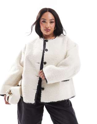 exclusive button detail faux shearling jacket in cream-White