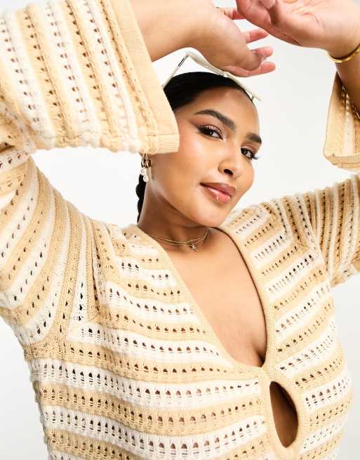 4th Reckless Plus exclusive crochet side split maxi dress with thigh split in beige stripe ASOS
