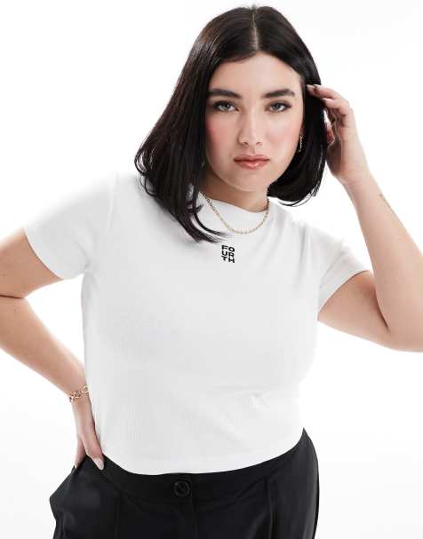 4th & Reckless Plus exclusive cropped embroidered logo detail t-shirt in white - view 1
