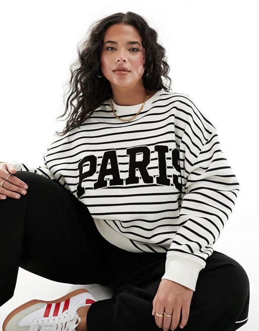 4th & Reckless Plus Exclusive – Czarno-biała bluza w paski z logo z napisem „Paris”