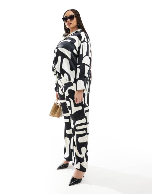 4th & Reckless Plus exclusive drawstring wide leg satin pants in mono print - part of a set