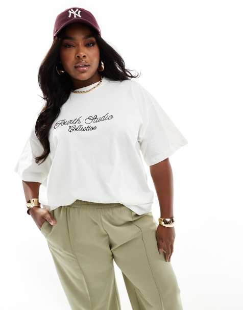 4th & Reckless Plus exclusive embroidered fourth studio logo t-shirt in cream - view 1