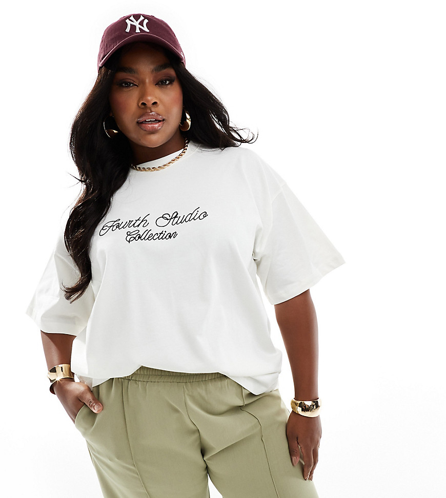 4th & Reckless Plus exclusive embroidered fourth studio logo t-shirt in cream-White
