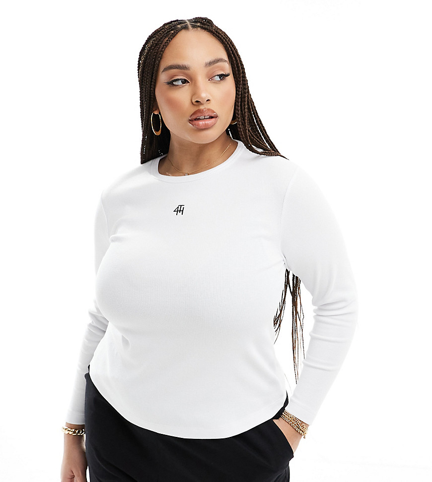 4th & Reckless Plus Exclusive Embroidered Logo Ribbed Long Sleeve Top In White