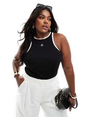 4th & Reckless Plus 4th & Reckless Plus exclusive embroidered logo ribbed tank top with contrast pipping in black
