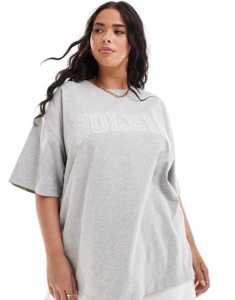4th & Reckless Plus exclusive embroidered soleil logo oversized t-shirt in grey - view 1