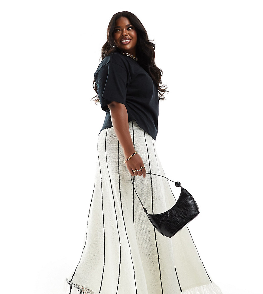 4th & Reckless Plus Exclusive Knit Fringed Hem Maxi Skirt In Cream Stripe-white