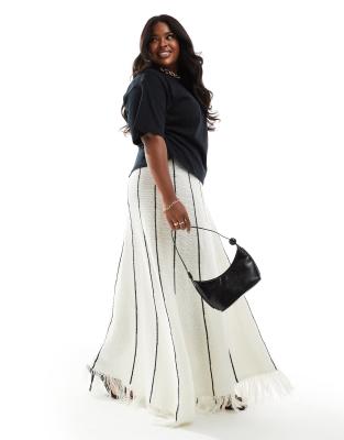 4th & Reckless Plus Exclusive knit fringed hem maxi skirt in cream stripe