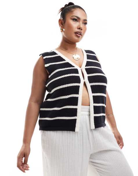 4th & Reckless Plus exclusive knitted contrast edge button detail waistcoat in black stripe - view 1